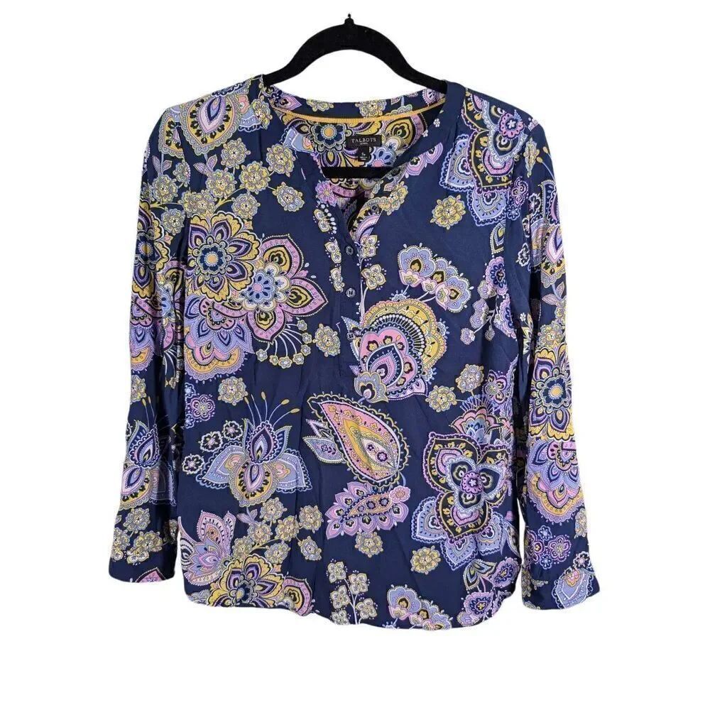 Talbots Popover Blouse Top Multicolor Floral Paisley Rayon Women's Size S